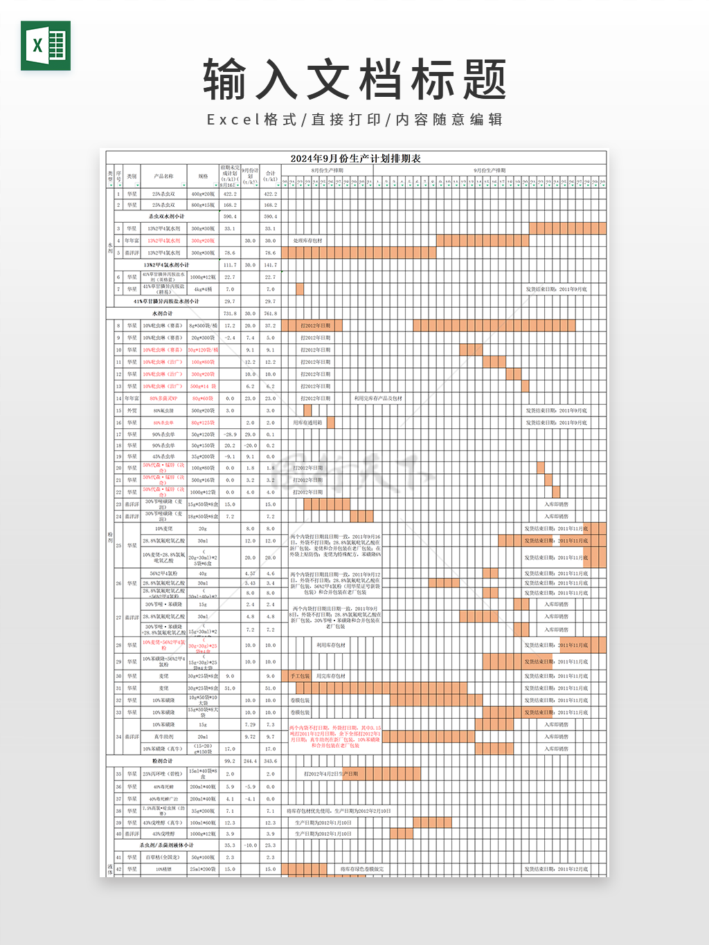 2024年9月份生产计划排期表EXCEL模板